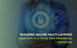 Cover photo of the blogpost of the topic: Building Secure Multi-Layered Web Applications for Financial Services The photo shows a human holding a hologram of a futuristic lock inside multiple layers around the lock which is a visual representation of the headline of the blogpost
