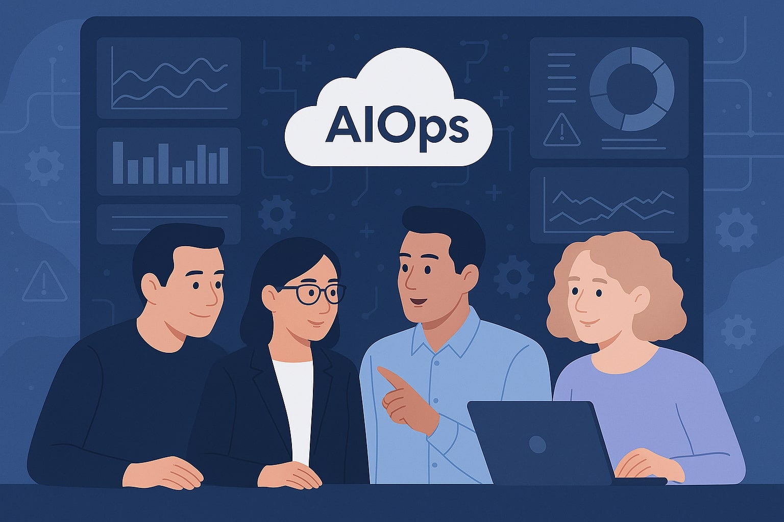 IT team using AIOps tools to monitor cloud systems. IT team using AIOps tools to monitor cloud systems.